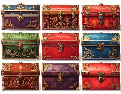 A collection of nine ornate, colorful treasure chests with intricate designs