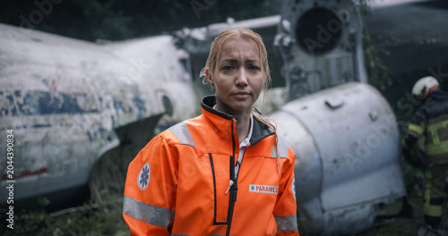 Photos Dramatic Portrait of a Blonde Female Firefighter First Responder in Orange Emergency Gear Standing Resolute as Crews Blanket a Shattered Airplane Wreck With Foam During Critical Rescue Response