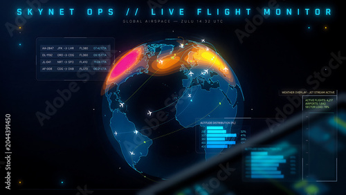Geospatial flight monitoring interface, vibrant contour lines, aircraft icons, and data paths