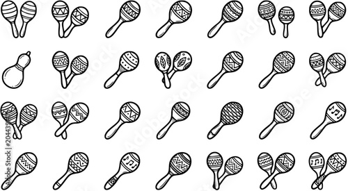 Music and Celebration Black and White Line Art Maraca Icons Collection. Hand-drawn percussion instruments for Mexican fiestas and cultural events.