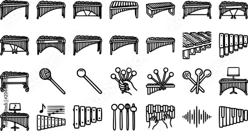 Foto Black and White Line Art Icons of Musical Instruments: Xylophone, Marimba, Vibra