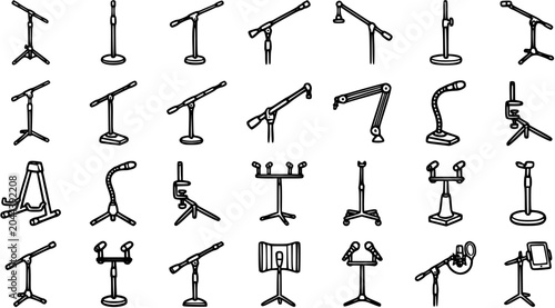Bild auf Leinwand Black and White Line Art Collection of Various Microphone and Music Stands for R