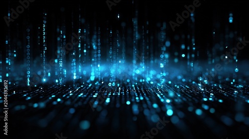 Abstract digital technology concepts, luminous blue binary code flowing in a dark space, matrix-style data rain, holographic interface elements, futuristic cybersecurity visualization.