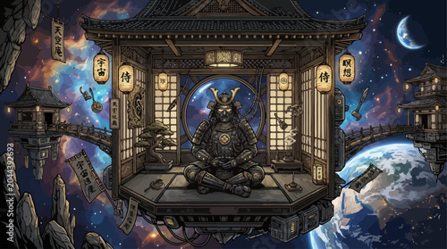 Obraz na plátně Armored samurai meditates peacefully in a serene, floating Japanese temple, surr