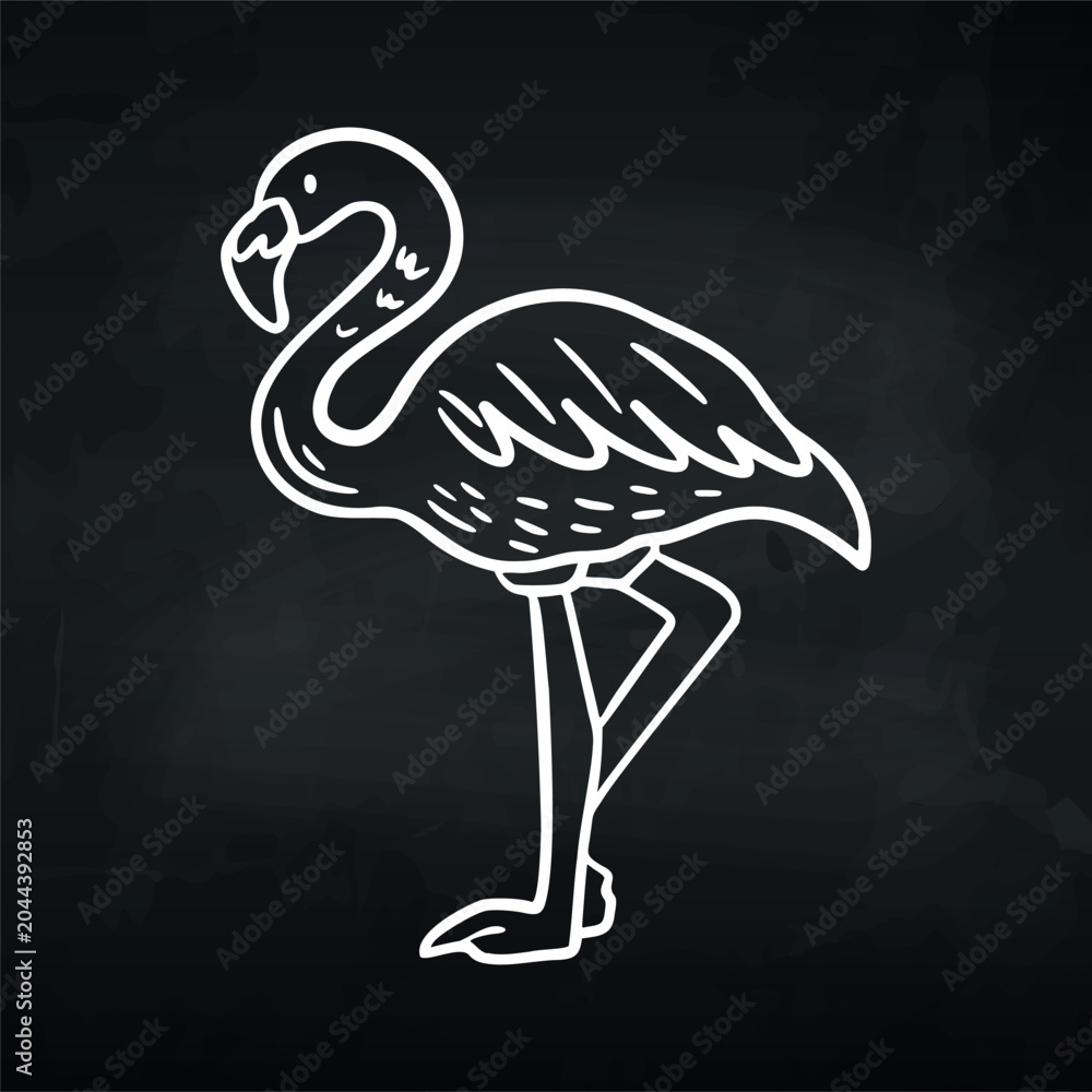 Obraz premium Illustration of a flamingo standing on one leg with a simple line design on a black background, showcasing its distinctive features and posture