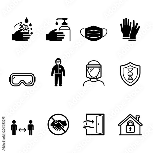 Photos 12 clean line icons detailing safety protocols for outbreak prevention, featurin