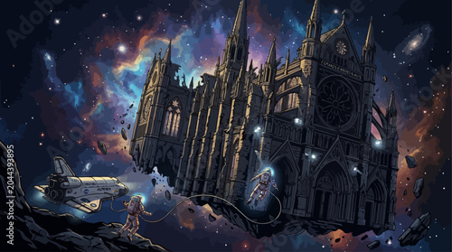 Photography Surreal cosmic cathedral adrift in the vastness of space with astronauts and a s
