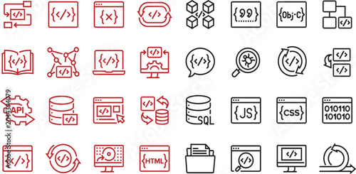 Web Development and Programming Technology Vector Icon Set Editable Stroke Transparent Background