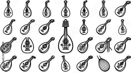 Tableau sur toile Black and White Line Art Illustration of Diverse Oud String Musical Instruments