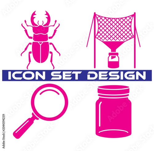 Set of four pink featuring a stag beetle, insect collection net, magnifying glass, and a glass jar on a plain white background