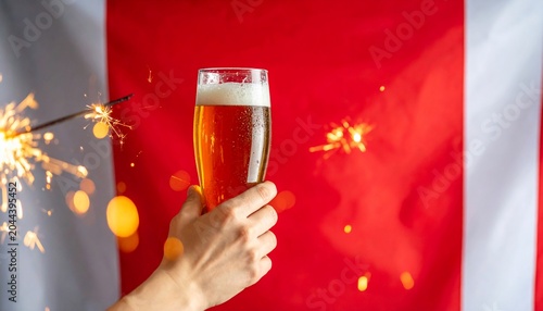 Beer and sparkler celebration with national flag background.