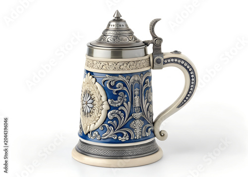 A traditional German beer stein, handcrafted ceramic souvenir, isolated on white background.