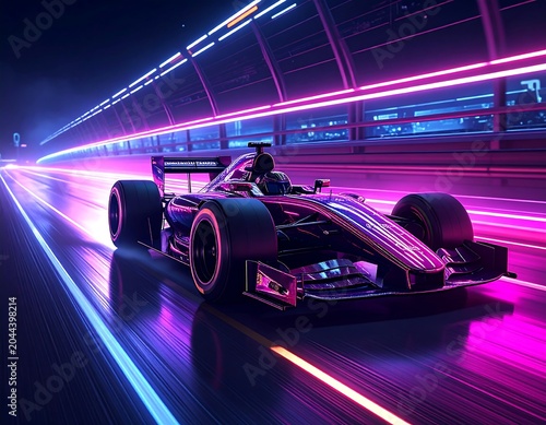 A futuristic black racecar speeds along a neon-lit track at night