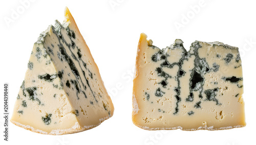 Fényképezés Blue cheese wedges with mold veins and crumbly texture