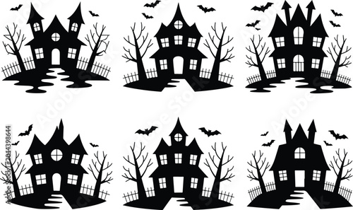 Canvastavla Spooky Halloween Haunted House Mansion Vector Silhouette Matrix, vector, illustration, silhouette