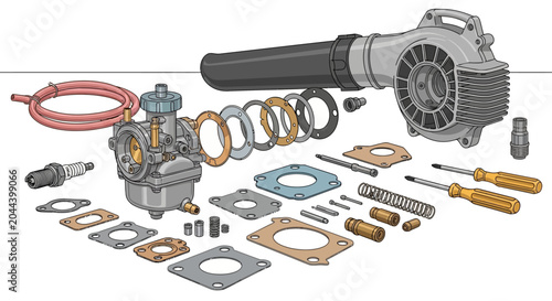 Bild auf Leinwand Detailed diagram of engine components with tools and accessories