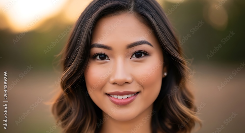 Obraz premium Smiling Asian Woman Portrait Joyful face with warm sunset bokeh background.