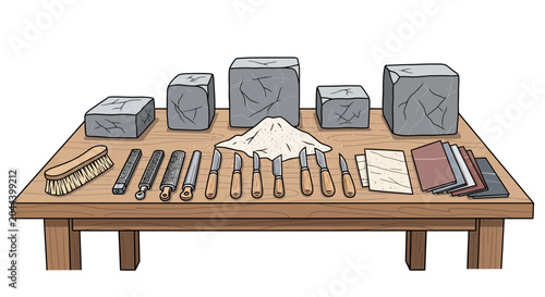 Принти на полотні Stone carving tools on wooden table with sand and granite blocks