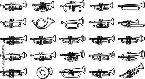 Photography Black and White Line Art Vector Icons of Various Trumpets and Horns