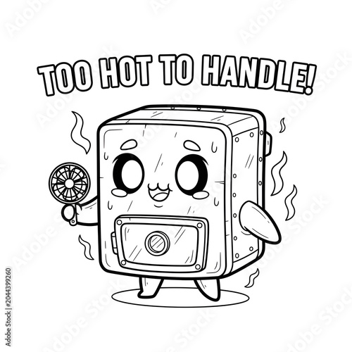 Cute muffle furnace mascot holding a fan, high temperature laboratory equipment science cartoon outline illustration for kids coloring book.