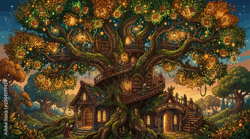 Fotografi Enchanted Forest Treehouse Village Glowing Under a Starry Twilight Sky, a Whimsi