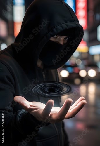 Mysterious Person in Black Hoodie and Mask Holding a Swirling Black Hole Vortex on Night City Street