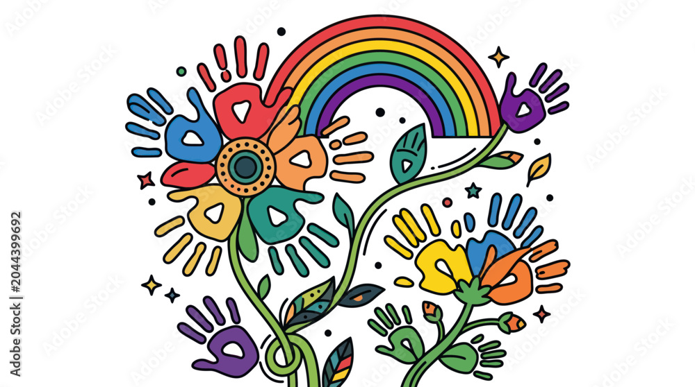 Fototapeta premium Rainbow Flower Handprints and Sparkles
