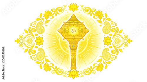 Obraz na płótnie Golden Gada Mace with Om Symbol and Paisley Border, Hindu Religious Iconography