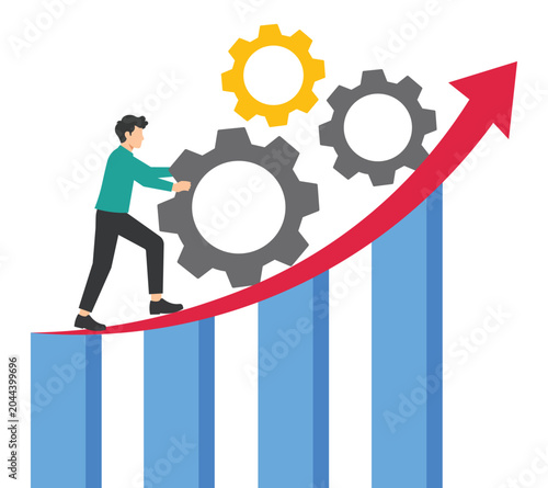 Photos Businessman Pushing Gear to Drive Business Growth, Process Optimization and Productivity Improvement Concept, Flat Vector Illustration