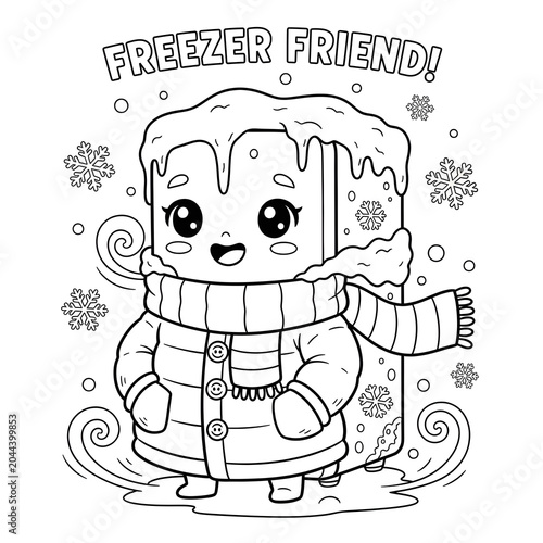 Cute ultra-low freezer mascot wearing a winter coat, science laboratory equipment cartoon outline illustration for kids coloring book.
