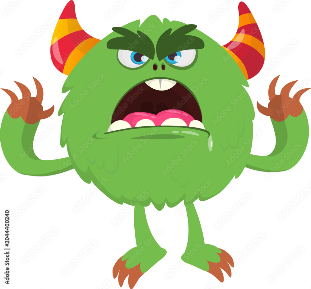 Fototapeta premium Cartoon cute and funny monster creature character design with scary horns and face expression waving hands . Vector illustration. For Halloween party decoration or package design