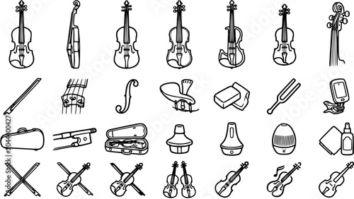 Fotografie Music Industry Violin and Viola Instruments  Accessories Outline Icon Set