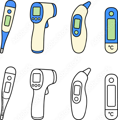 Various digital and infrared thermometers illustrated in color and black-and-white line art styles.