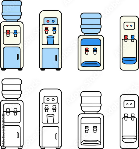 Eight different line-style water cooler icons with blue water bottles and dispensing taps in blue and red.