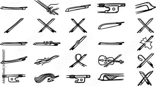 Bild auf Leinwand Hand Drawn Black and White Line Art Icons: Violin Bows, Parts, and Prohibition S