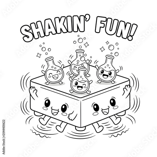 Cute orbital shaker mascot dancing with lab flasks, science laboratory equipment cartoon outline illustration for kids coloring book.