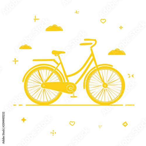 Yellow bicycle illustration with clouds and decorative elements