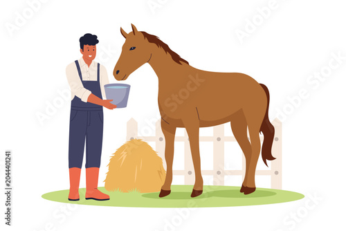 Obraz na płótnie Illustration of Male Farmer Feeding Brown Horse on Ranch