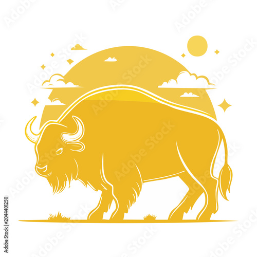 Yellow Bison Illustration with Sun and Clouds
