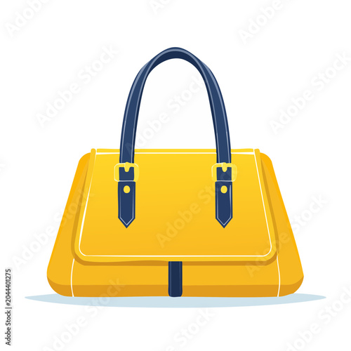 Yellow handbag with blue handles and buckle details