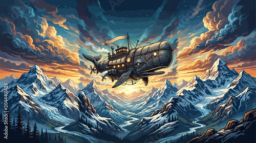 Foto A majestic fantastical whale airship gracefully navigating through a breathtakin
