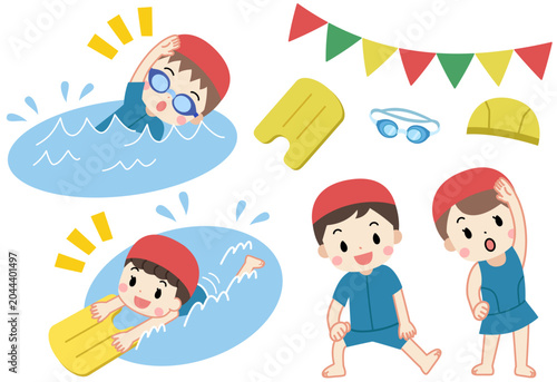 スイミング・プールで泳ぐ子供たちのイラストセット