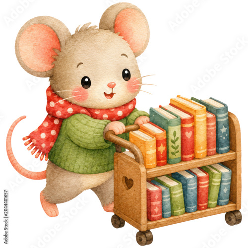 Cute Mouse With Library Cart Clipart