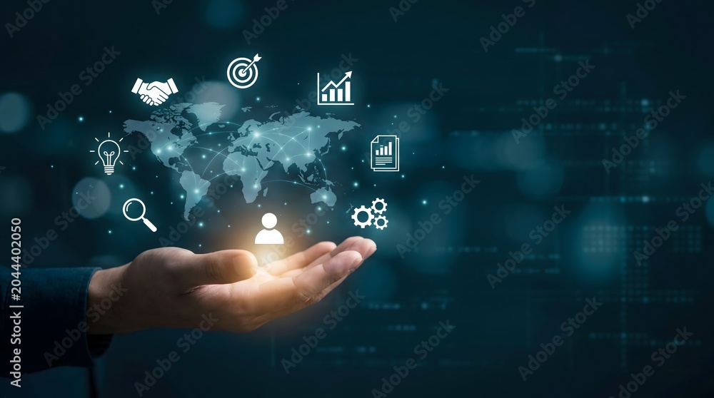 Fototapeta premium Global business strategy icons hover over open hand