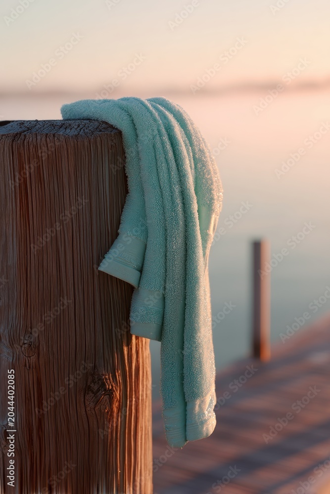 Obraz premium Light blue towel draped over wooden post on dock at sunrise. Calm lake shore retreat during morning serenity. Coastal vacation accessory for beach lifestyle and summer leisure concept.
