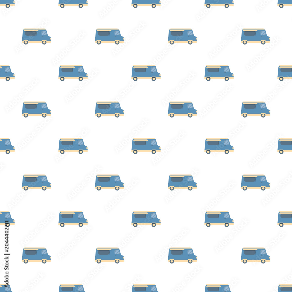 Fototapeta premium Blue food trucks creating a seamless pattern on a white background