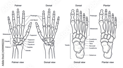 Foto Human Hand and Foot Anatomy Diagram: Dorsal, Palmer, and Plantar Views