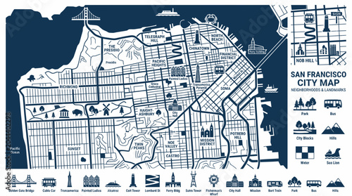 Foto San Francisco City Map Illustration with Neighborhoods and Landmarks