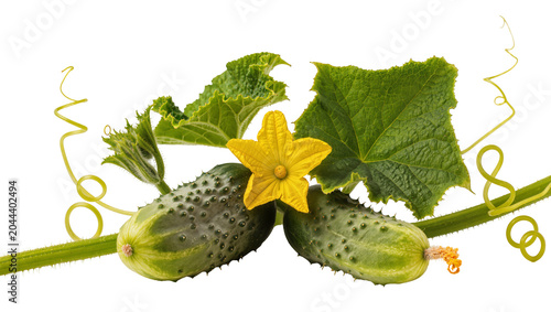 Foto Two green cucumbers with yellow flower and leaves