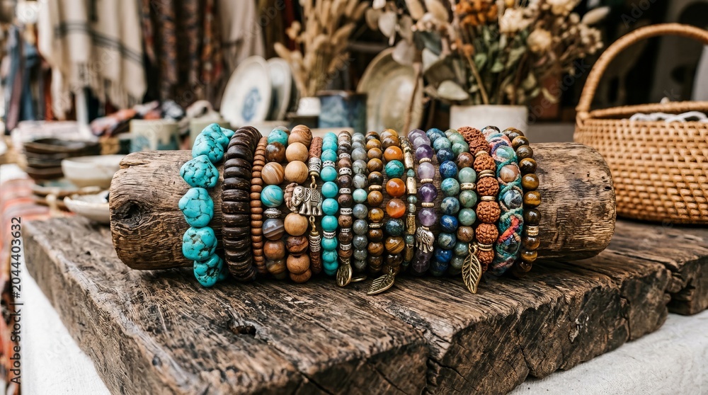 Obraz premium Bohemian beaded bracelets displayed on rustic wood, evoking artisanal craftsmanship and natural style.